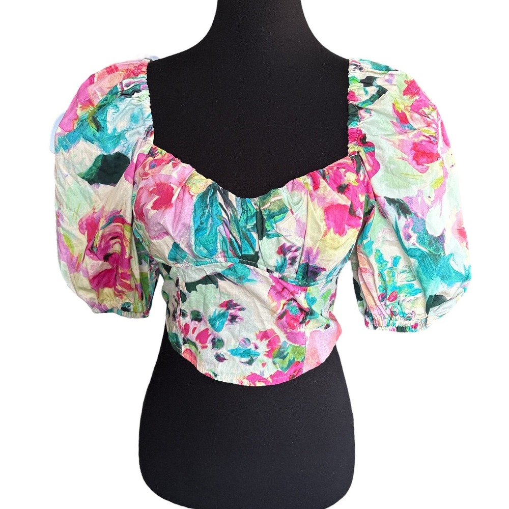 NWT H&M Watercolor Floral Puff Sleeve, Smocked Back Crop Top, Small, Cottagecore